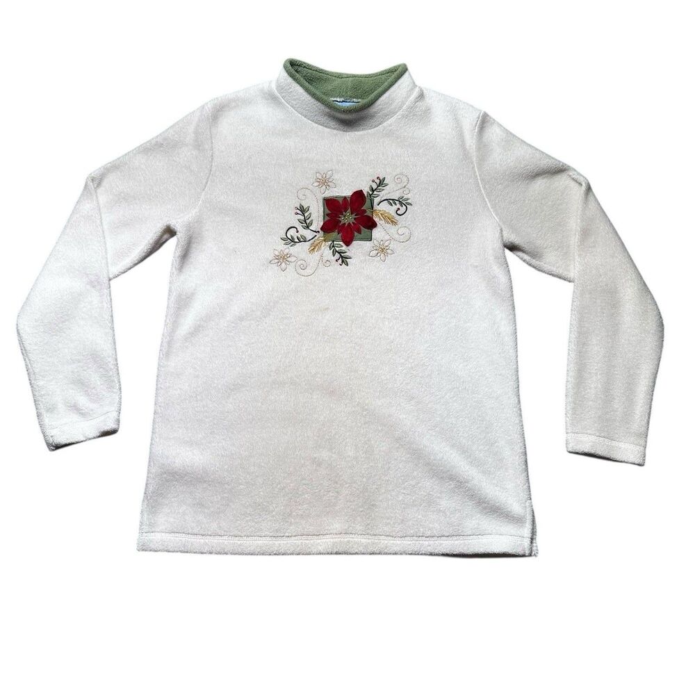 Croft & Barrow Sport Fleece Pullover Women S White Poinsettia Mock Neck Holiday